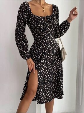 SHEIN Black Floral Square-Neck Midi Dress with Side Slit